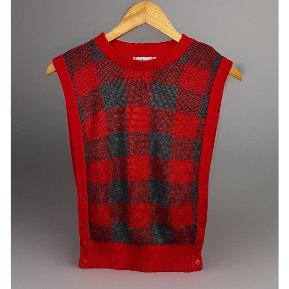 VTG 80s Pandora Knit Sweater Vest Red Gray Buffalo Plaid Retro Cabin - S/M